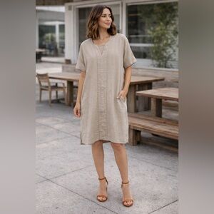 DKNY Oatmeal 100% Linen V Neck Ladder Trim Lagenlook Minimalist Shift Dress M
